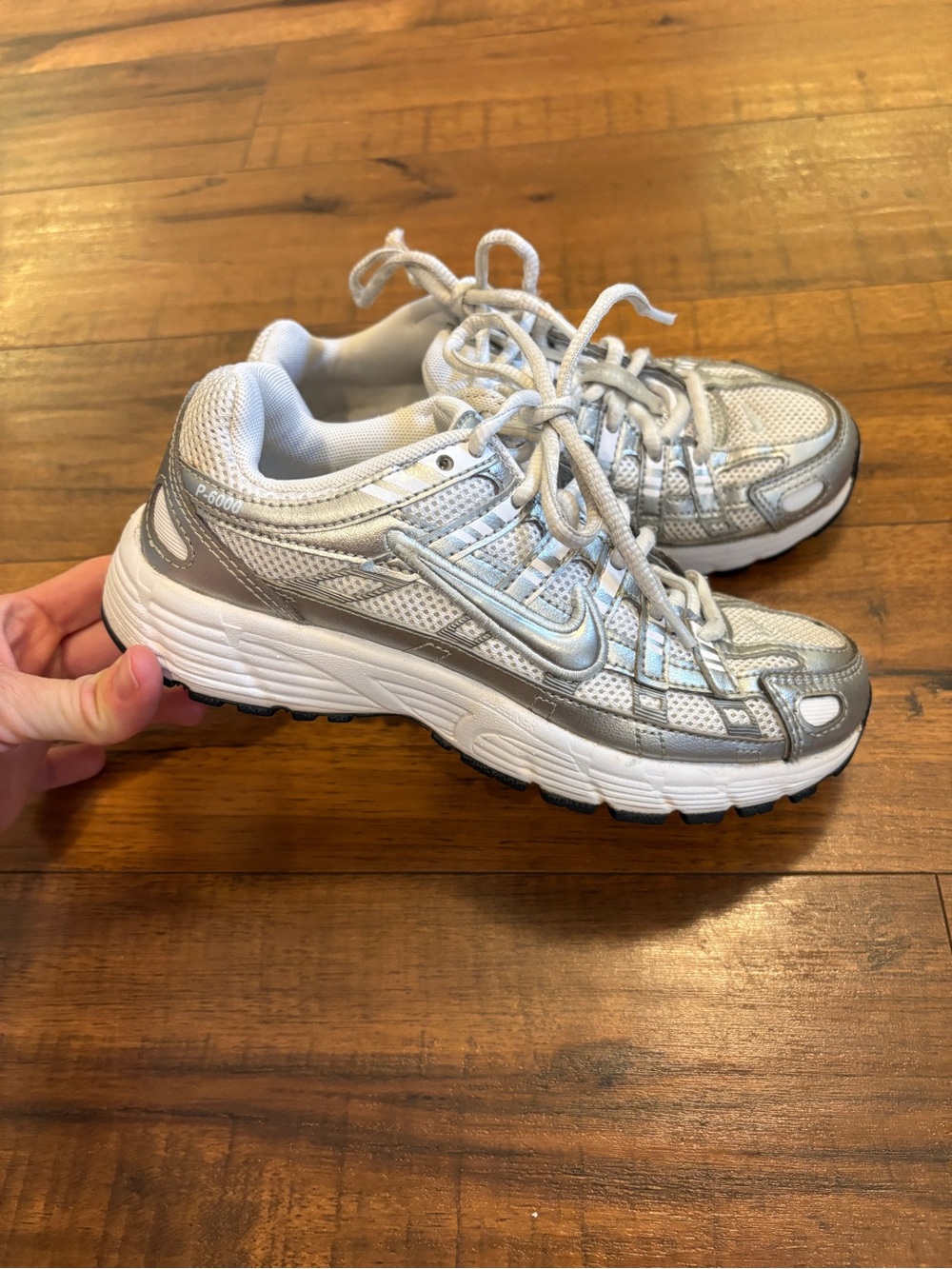 Nike P-6000 GS Youth Size 2 White Silver Metallic Kids Running Shoes HV5064-003
